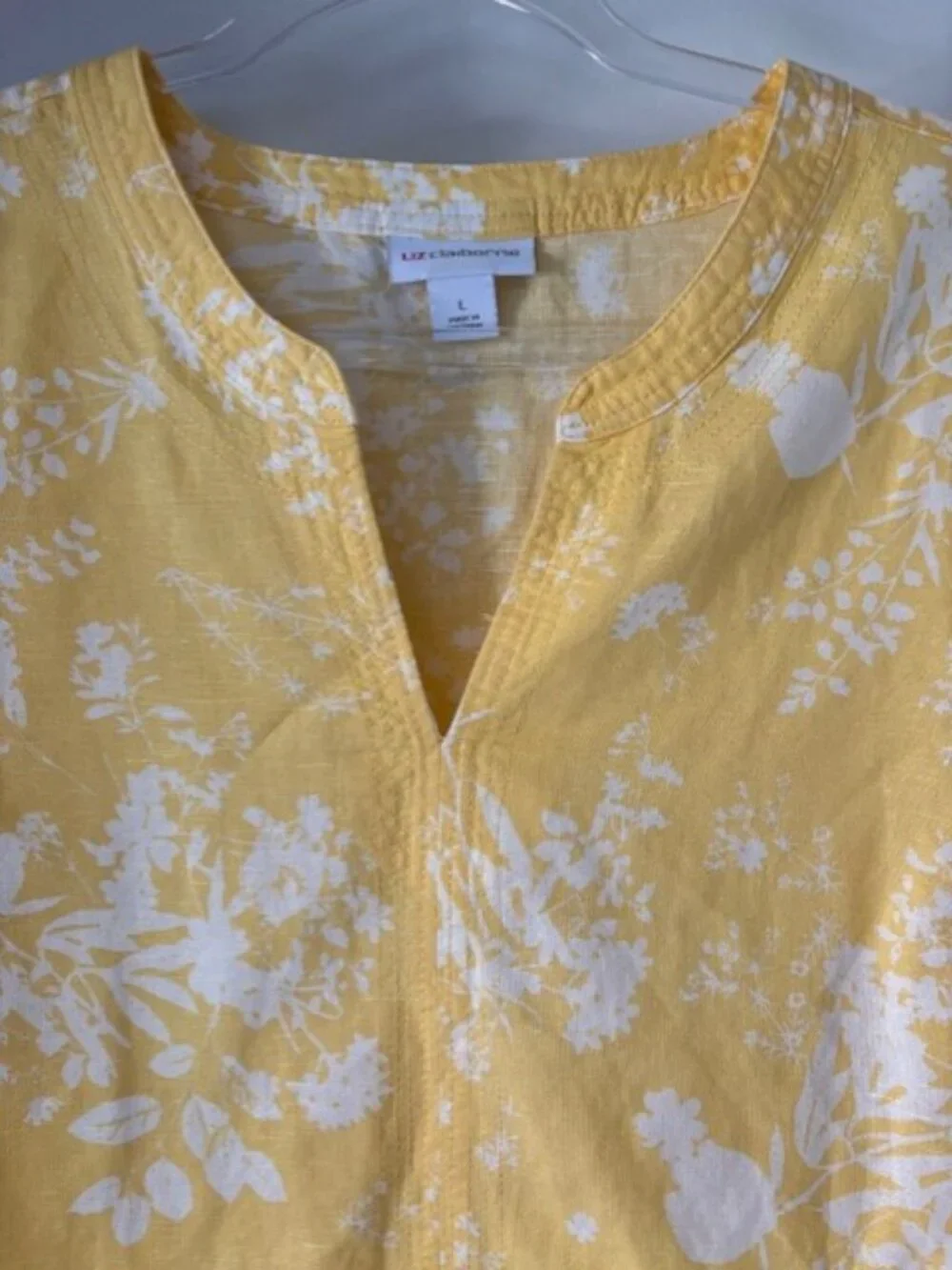 Liz Claiborne Yellow Floral 3/4 Sleeve Linen Blend V Neck Blouse L Resortwear - Picture 3 of 6